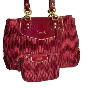 Coach Ashley red sateen patent leather 2 piece set bag wristlet